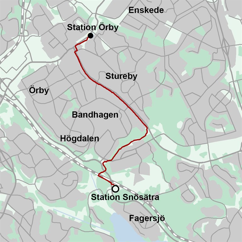 Karta över den nya  elförbindelse mellan Örby och stationen Snösätra i Högdalen