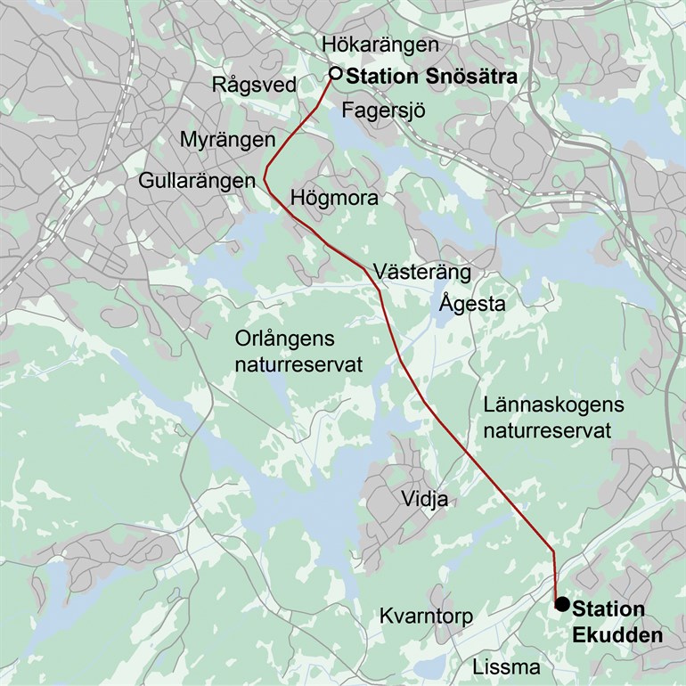 Karta över den nya elförbindelse mellan Snösätra och Huddinge i södra Stockholm