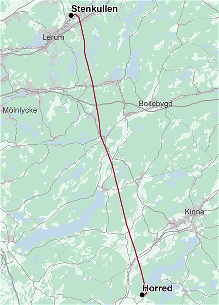 Kartan som visar ledningssträckan mellan Stenkullen och Horred