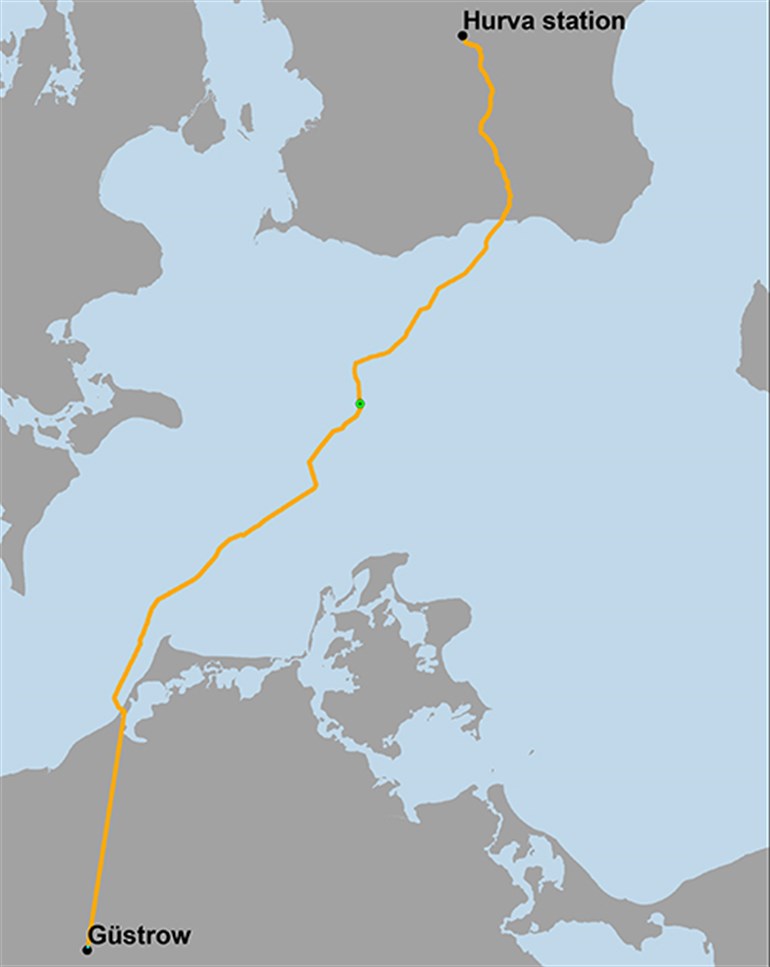 Map that shows the power connection between Hurva in Sweden and Gustrow in Germany