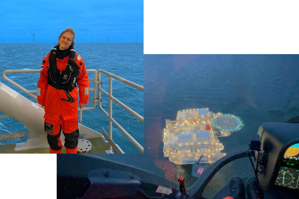Ebba Björk på en båt. Bakom henne i havet syns vindkraftsverk. Infälld bild: En plattform till havs sett från ovan.