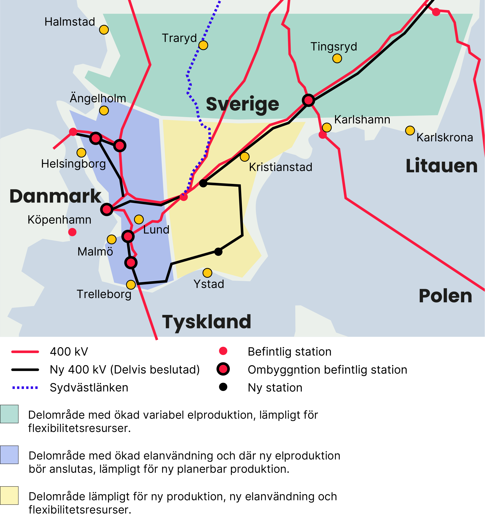 Illustrerar delområden i Skåne för anslutning för att främja en effektiv utbyggnad av elsystemet