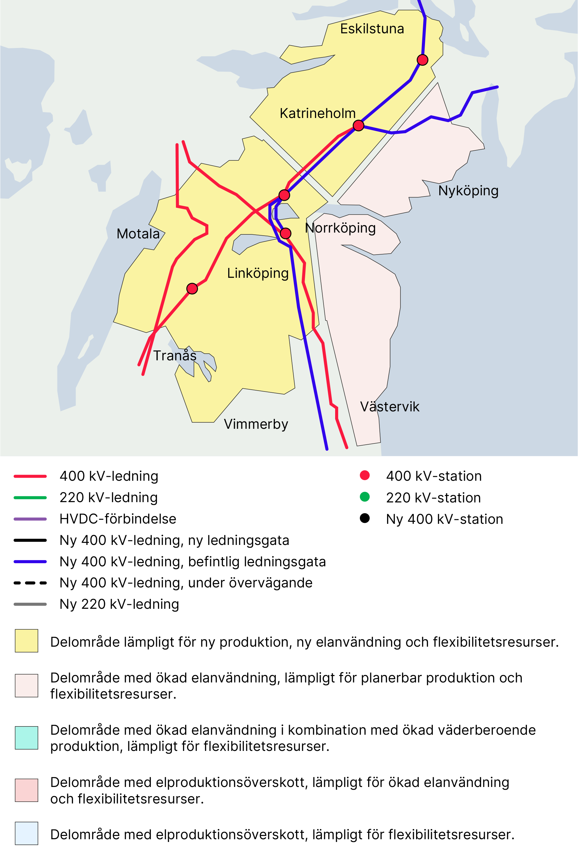 Illustration av delområde i Södermanland och Östergötland för anslutning för att främja en effektiv utbyggnad av elsystemet