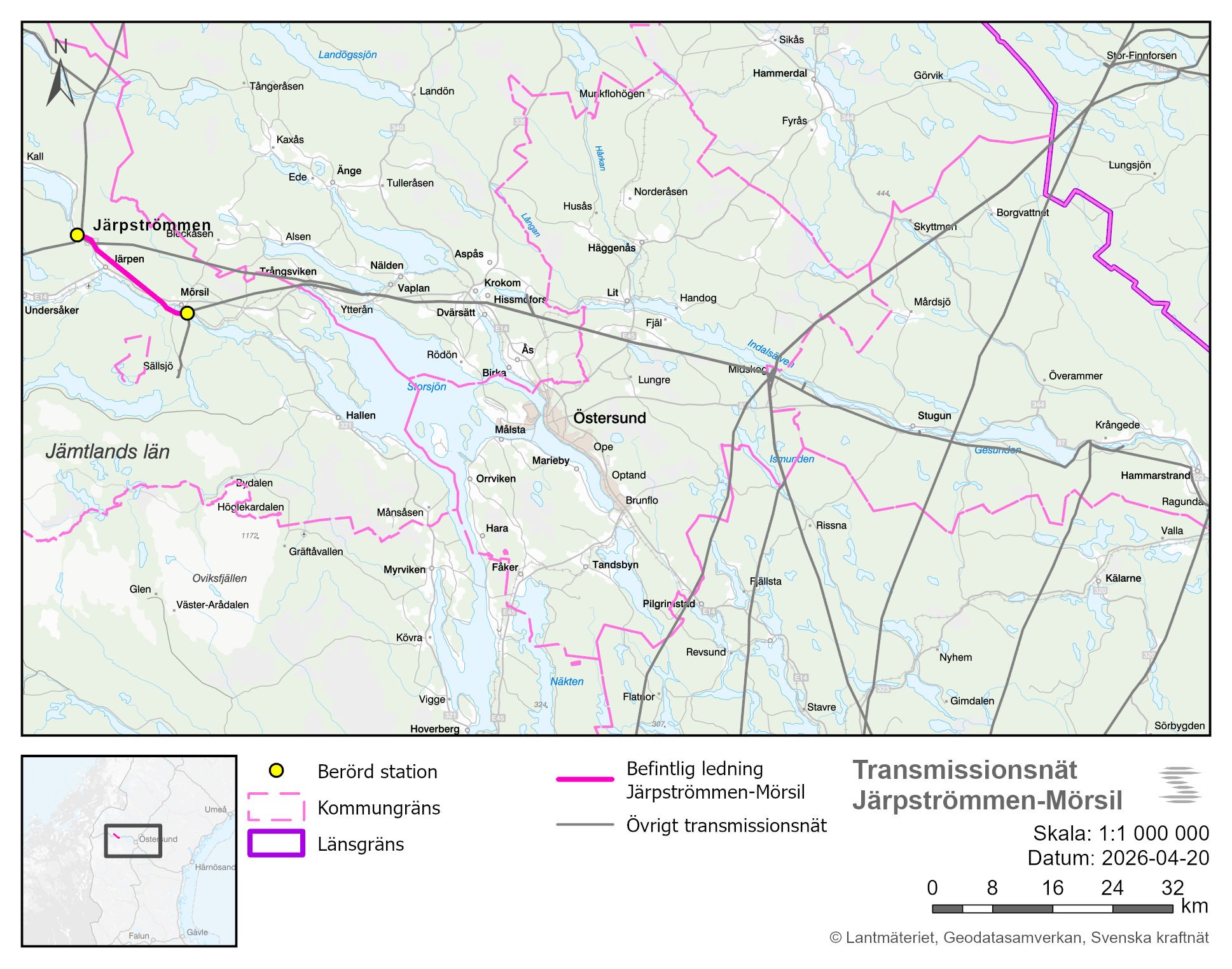 Översiktskarta av befintlig ledning Järpströmmen–Mörsil samt omgivande stamnät.