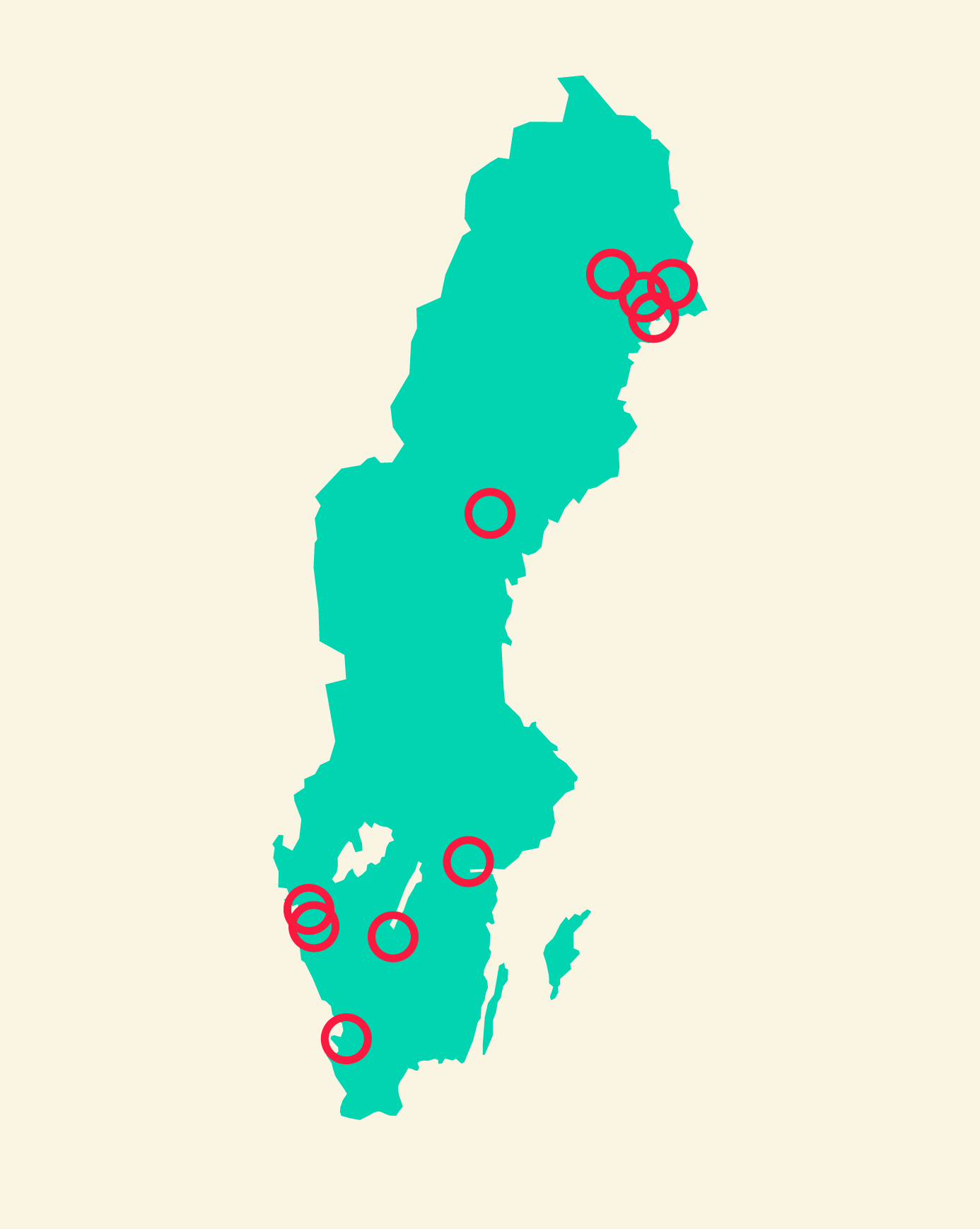 Sverigekarta med orter för planerade avbrott 2025 markerade