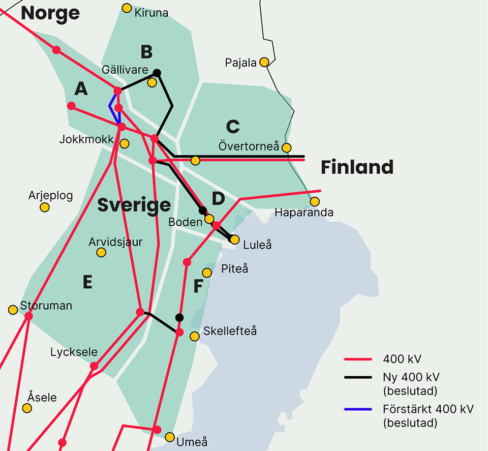 Karta: Delåtgärdsområden A–F för utveckling av elnätet i Norrbottens län och norra Västerbottens län.