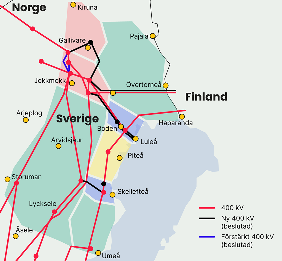 Bilden beskriver översiktligt var elproduktion och flexibilitetsresurser bör anslutas i Norrbottens län och norra Västerbotten för att utbyggnaden av elsystemet ska kunna ske på ett effektivt sätt under de kommande 10–15 åren. Områden i rosa: Delområde med kraftigt ökad elanvändning, lämpligt för flexibilitetsresurser. Grönmarkerat område: Delområde där ny elproduktion bör anslutas. Blåmarkerade områden: Delområde med kraftigt ökad elanvändning och där ny elproduktion bör anslutas, lämpligt för ny planerbar produktion. Gulmarkerat område: Delområde där ny elproduktion bör anslutas, lämpligt för ny planerbar produktion.