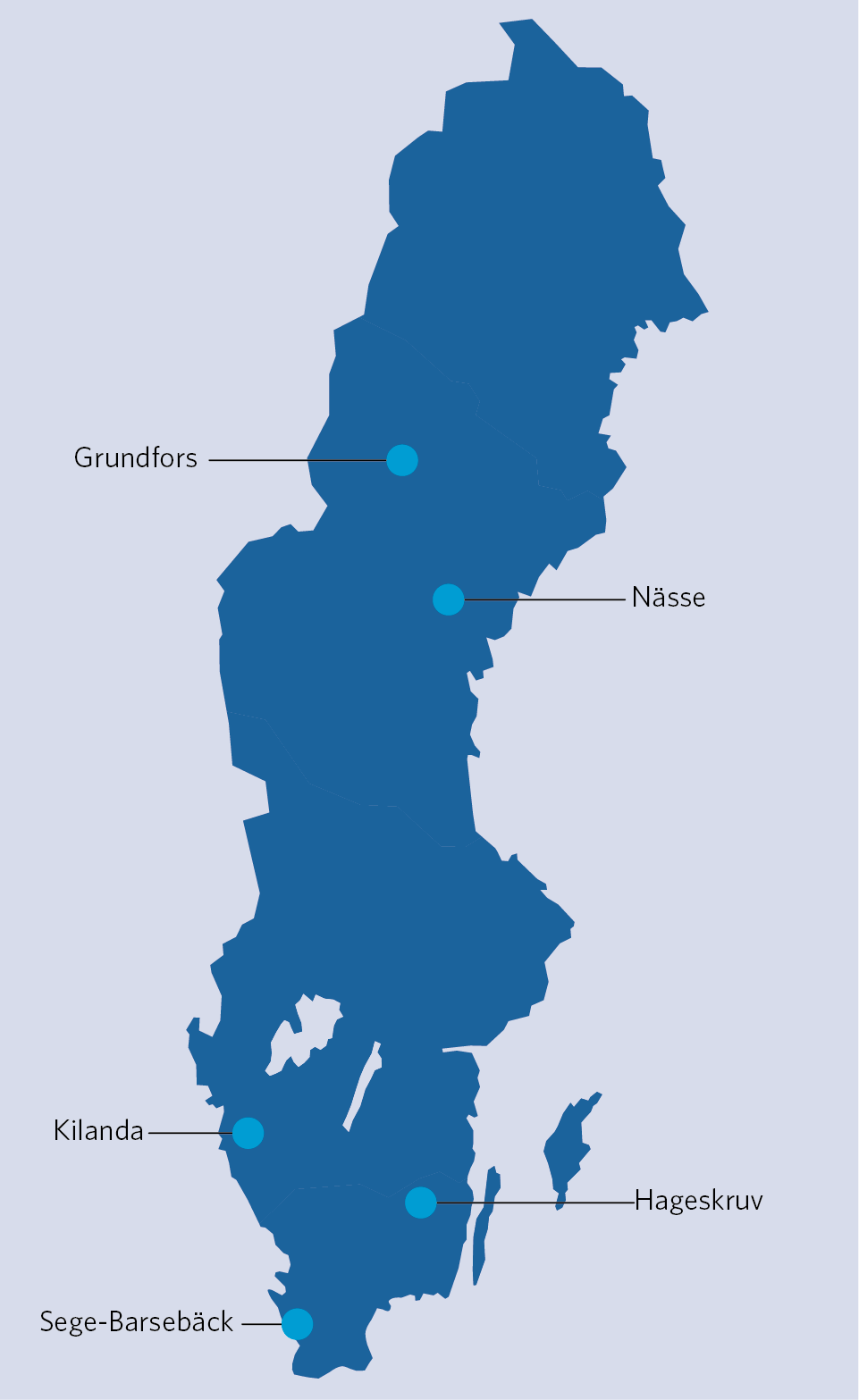 Sverigekarta som visar exempel på platser med planerade driftavbrott under sommarhalvåret 2023.