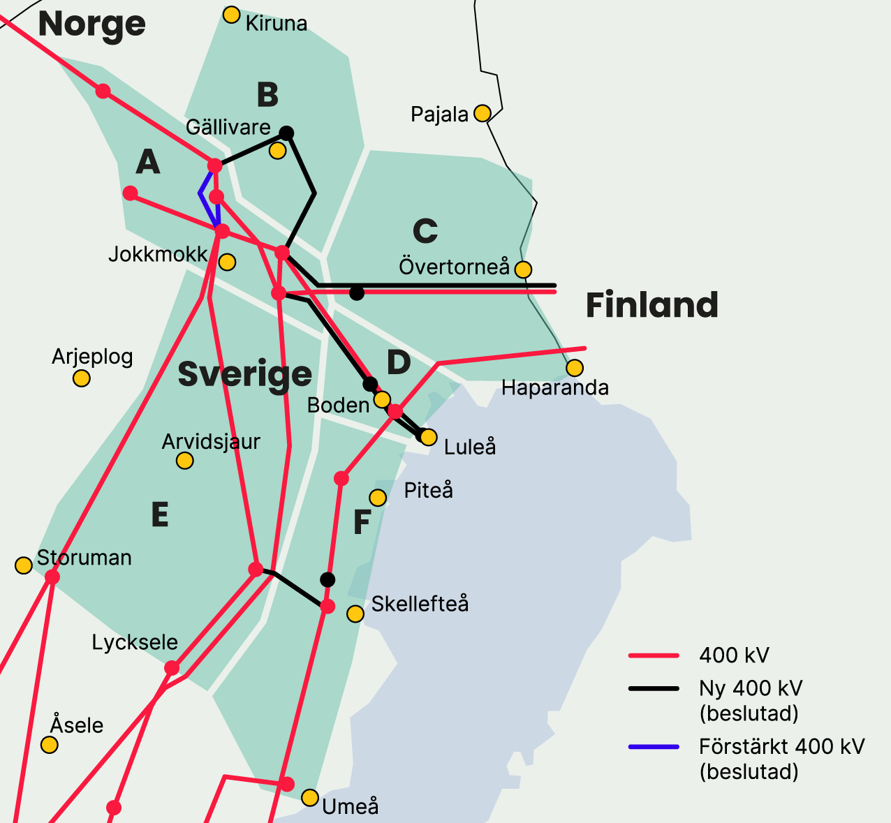 Karta: Delåtgärdsområden A–F för utveckling av elnätet i Norrbottens län och norra Västerbottens län.