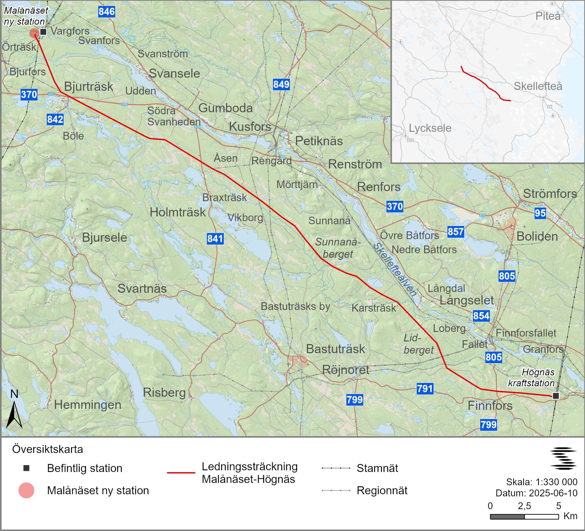 Översiktskarta över planerad ledning för Malånäset-Högnäs