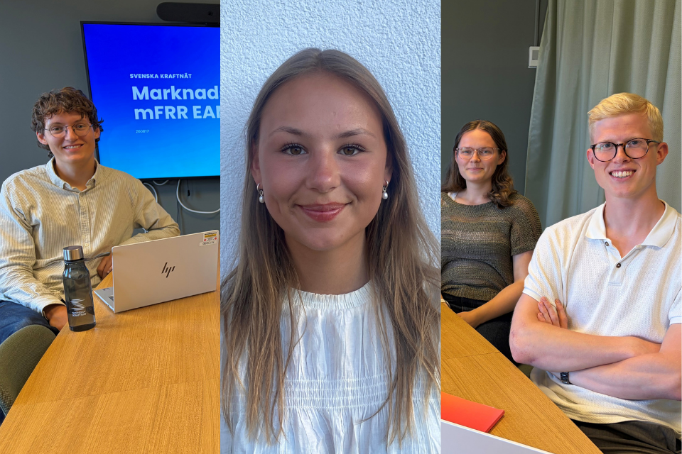 Tre unga personer i ett konferensrum och en infälld bild på ytterligare en person