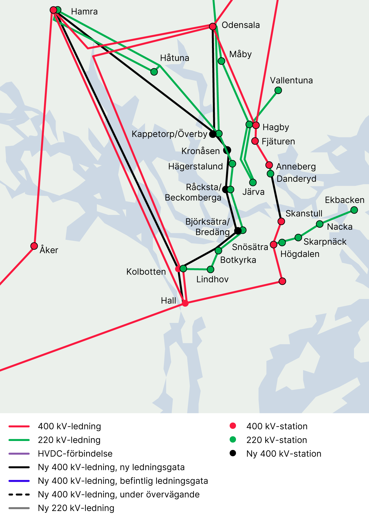 Figur 1.  Illustration av nätåtgärder inom energisystemplaneringen för Stockholmsregionen. Förändringarna i underliggande nät är inte med i Figur 1, men beskrivs närmare i regionnätets och lokalnätets utvecklingsplan.