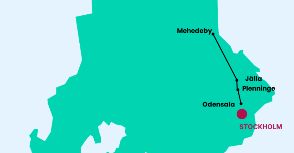 Karta som visar en sträckning från Mehedeby i norra Uppland till Odensala i södra Uppland