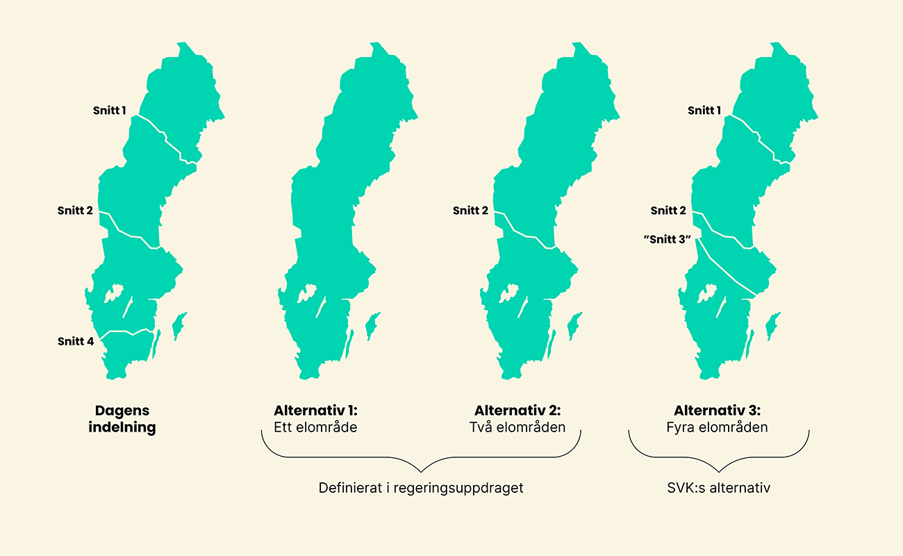Karta med elområdesindelning, dagens och alternativ i elområdesanalys