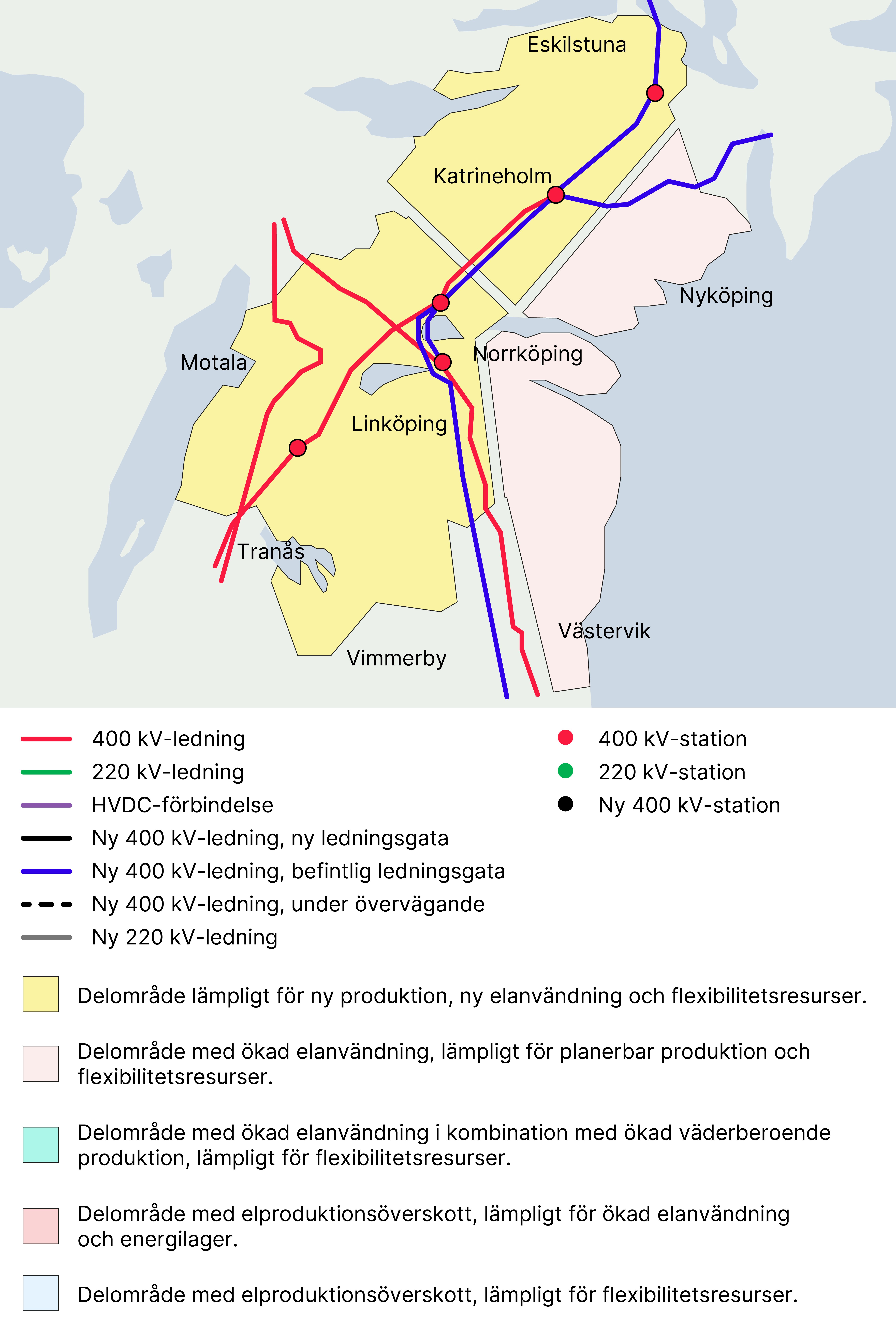 Illustration av delområden i Södermanland och Östergötland för anslutningar