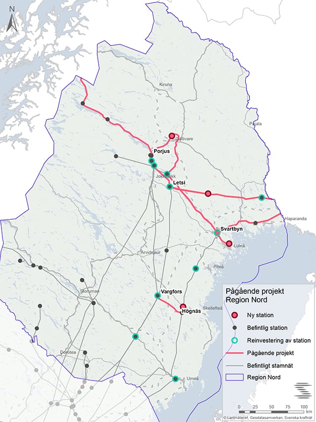 Karta över pågående projekt i Region nord