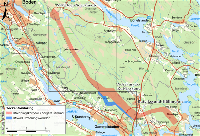 Karta över utredningskorridoren indelad i delområden.