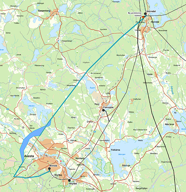 Karta som visar framtagen alternativ utredningskorridor