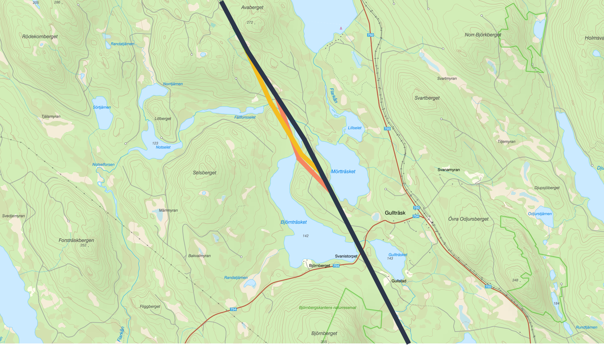 Karta som visar ny föreslagen ledningssträckning parallellt med befintlig ledning vid Mörtträsket