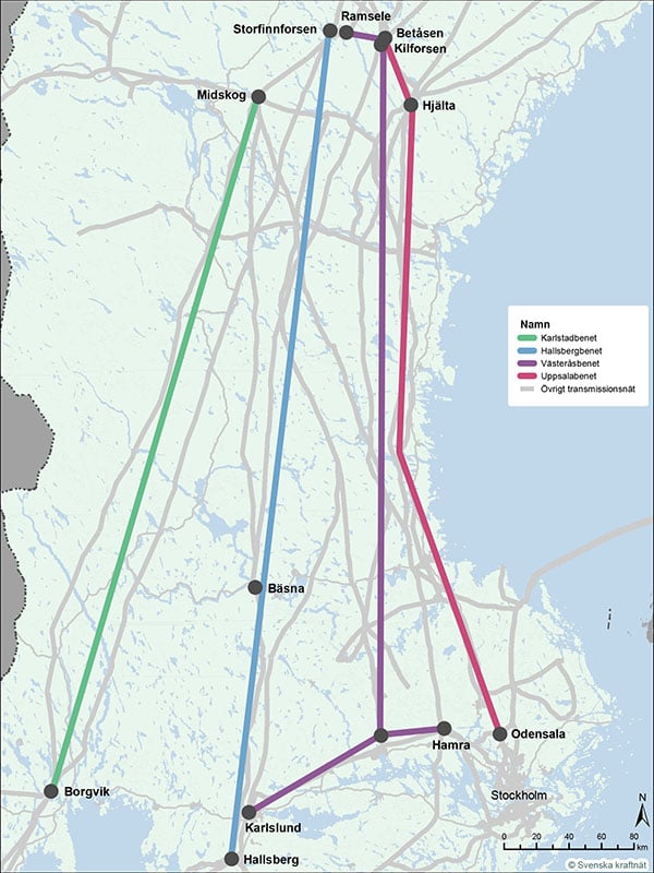 Bilden visar Karlstadbenet mellan Midskog och Borgvik, Hallsbergsbenet mellan Storfinnforsen och Hallsberg, Västeråsbenet Ramsele, Betåsen, Hamra och Karlsund samt Uppsalabenet som går från Kilforsen, hjälta till Odensala.