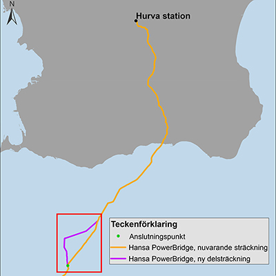 Karta som visar nuvarnde sträckning samt ny delsträckning för Hansa PowerBridge
