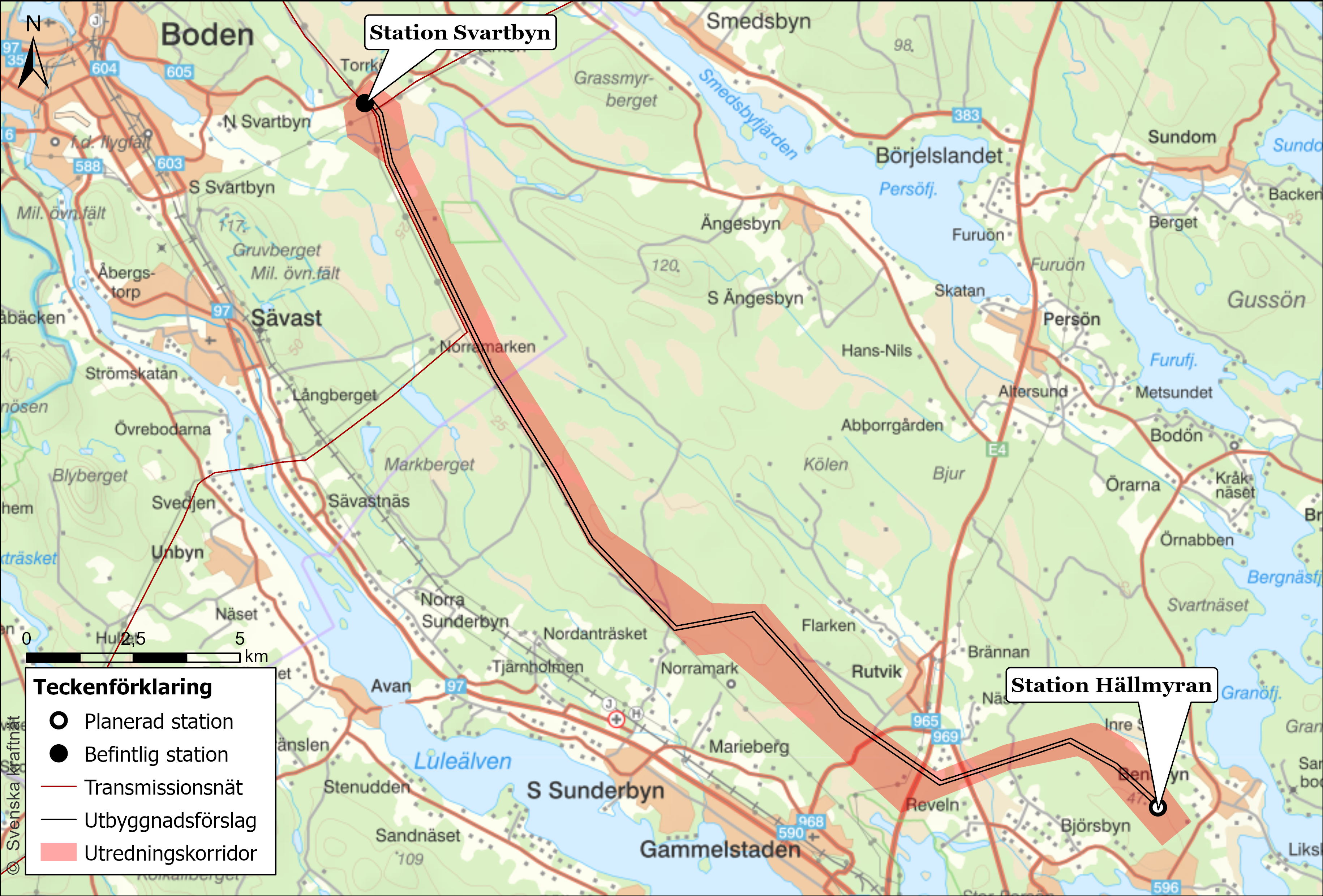 Karta över förslag till sträckning för ledning mellan Svartbyn och Hällmyran.