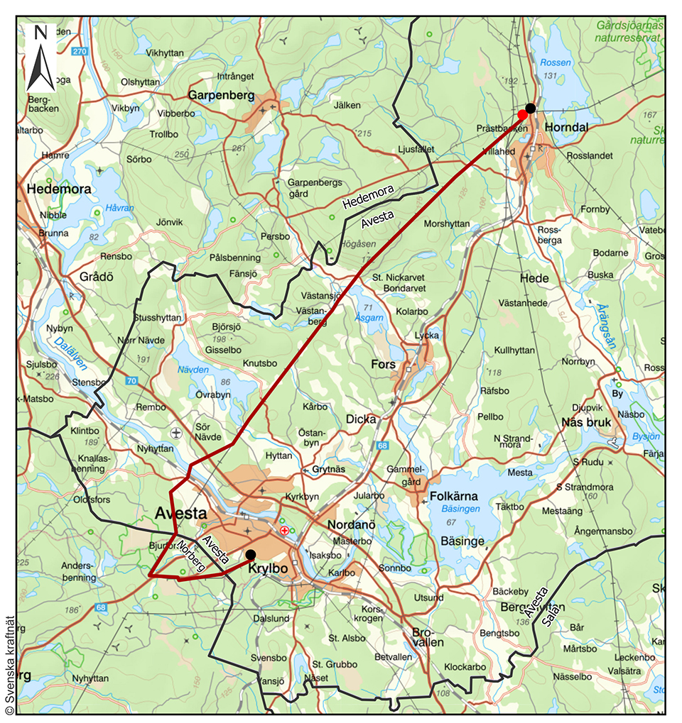 Karta som visar hur ledningen mellan Horndal och Avesta går