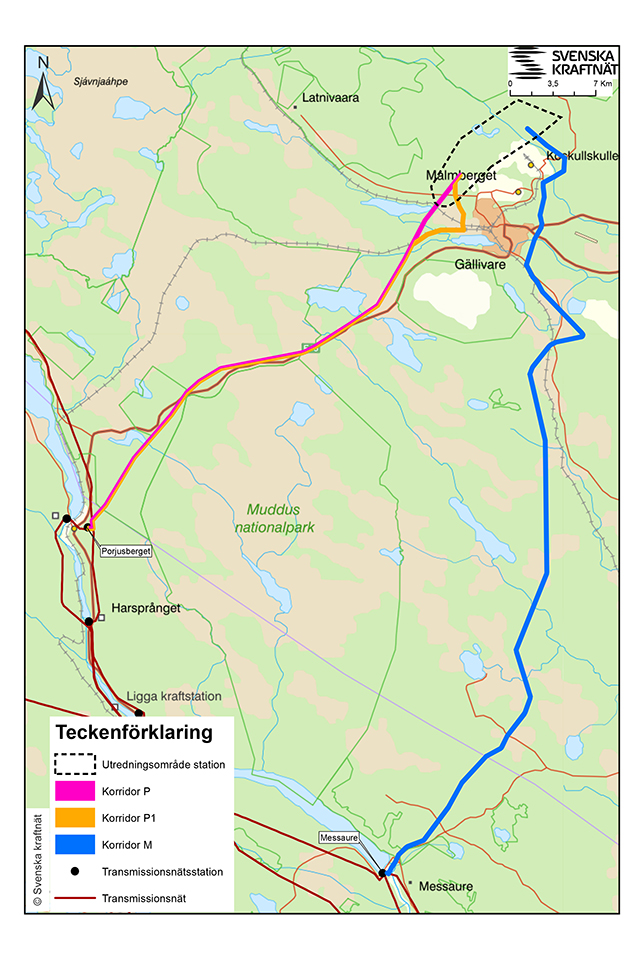 Bilden visar de två sträckningsförslagen för den nya ledningen mellan Vitåfors-Porjusberget eller Messaure.