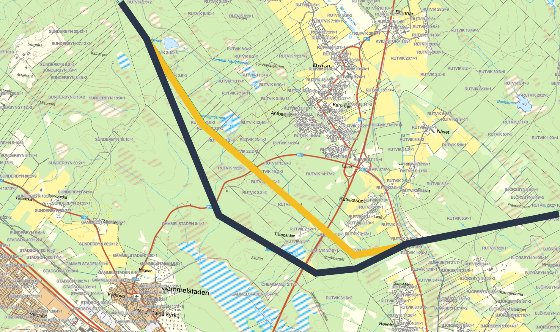 Karta som visar ny föreslagen ledningssträckning mellan Gåstjärnen och Haparandavägen/väg 969. 