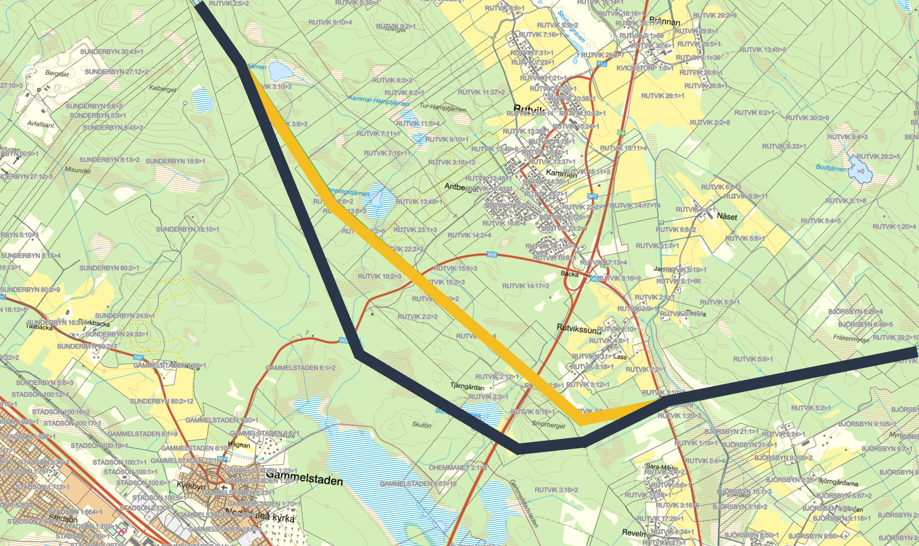 Karta som visar ny föreslagen ledningssträckning mellan Gåstjärnen och Haparandavägen/väg 969.