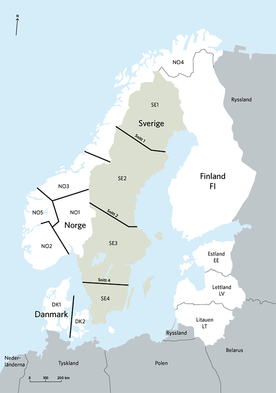 Karta över Sveriges elområden.