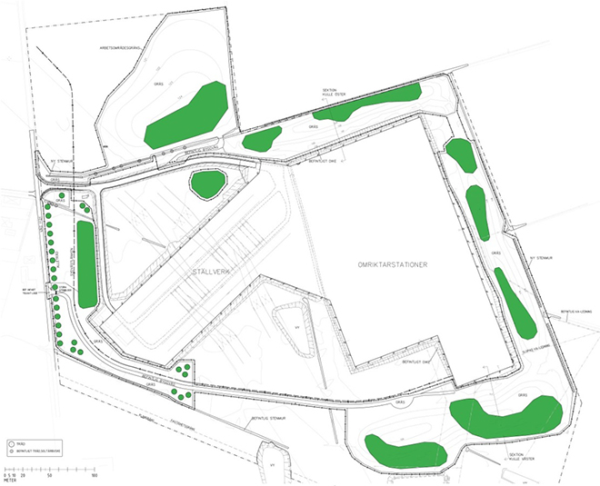 Bild över stationsområdet med utmärka områden för plantering