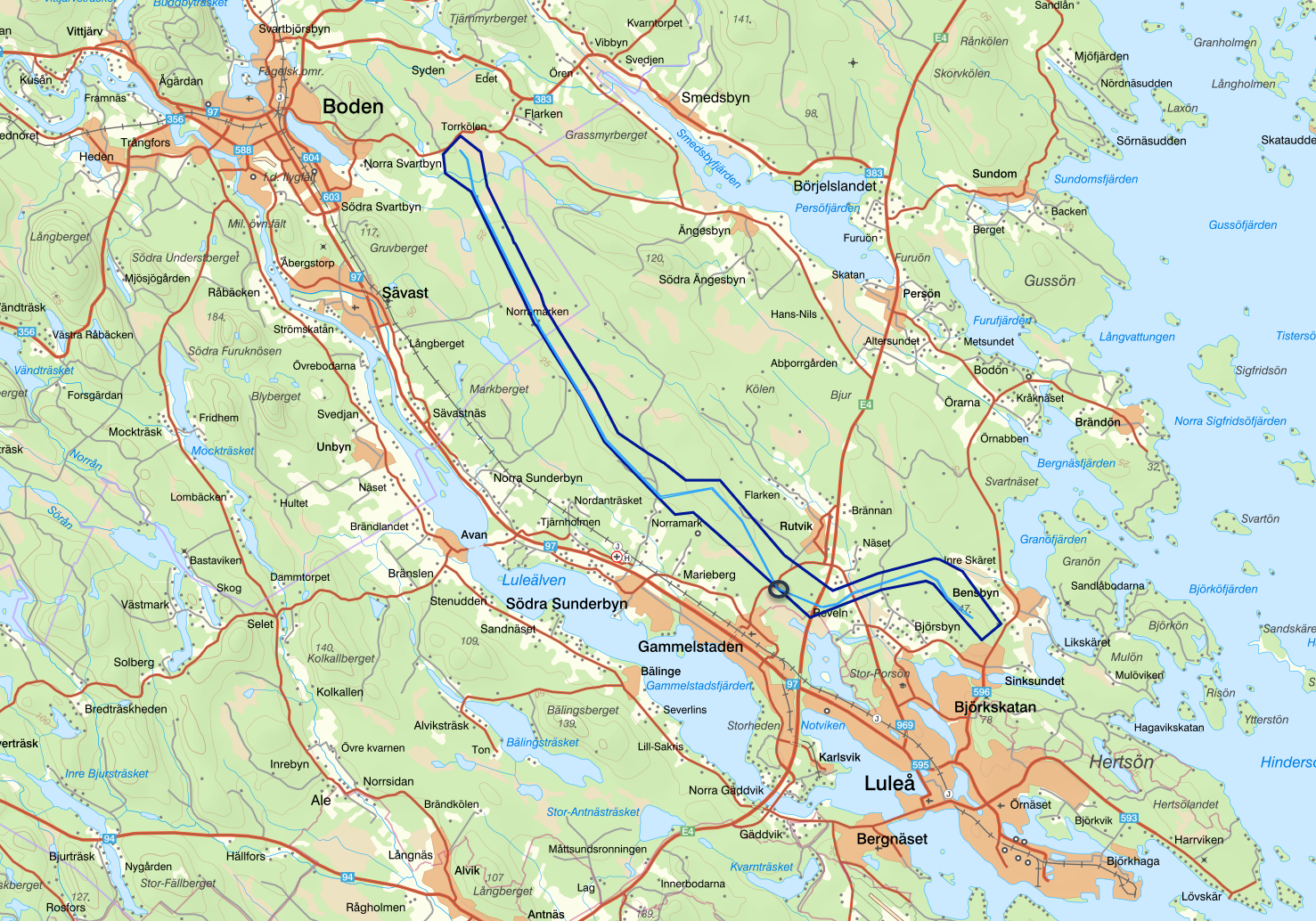 Området där ledningarna behöver placeras utanför utredningskorridoren.