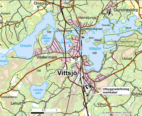 Kartan visar Svenska kraftnäts utbyggnadsförslag för likströmsförbindelsen genom Vittsjö och Pickelsjön.