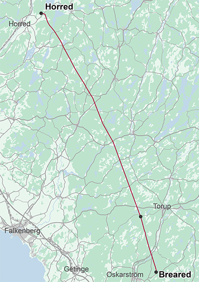 Karta som visar aktuellt sträckningsförslag för stamnätsledningar mellan Horred och Breared