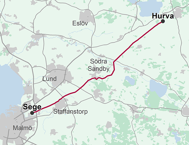 Karta som visar ledningen mellan Sege och Hurva