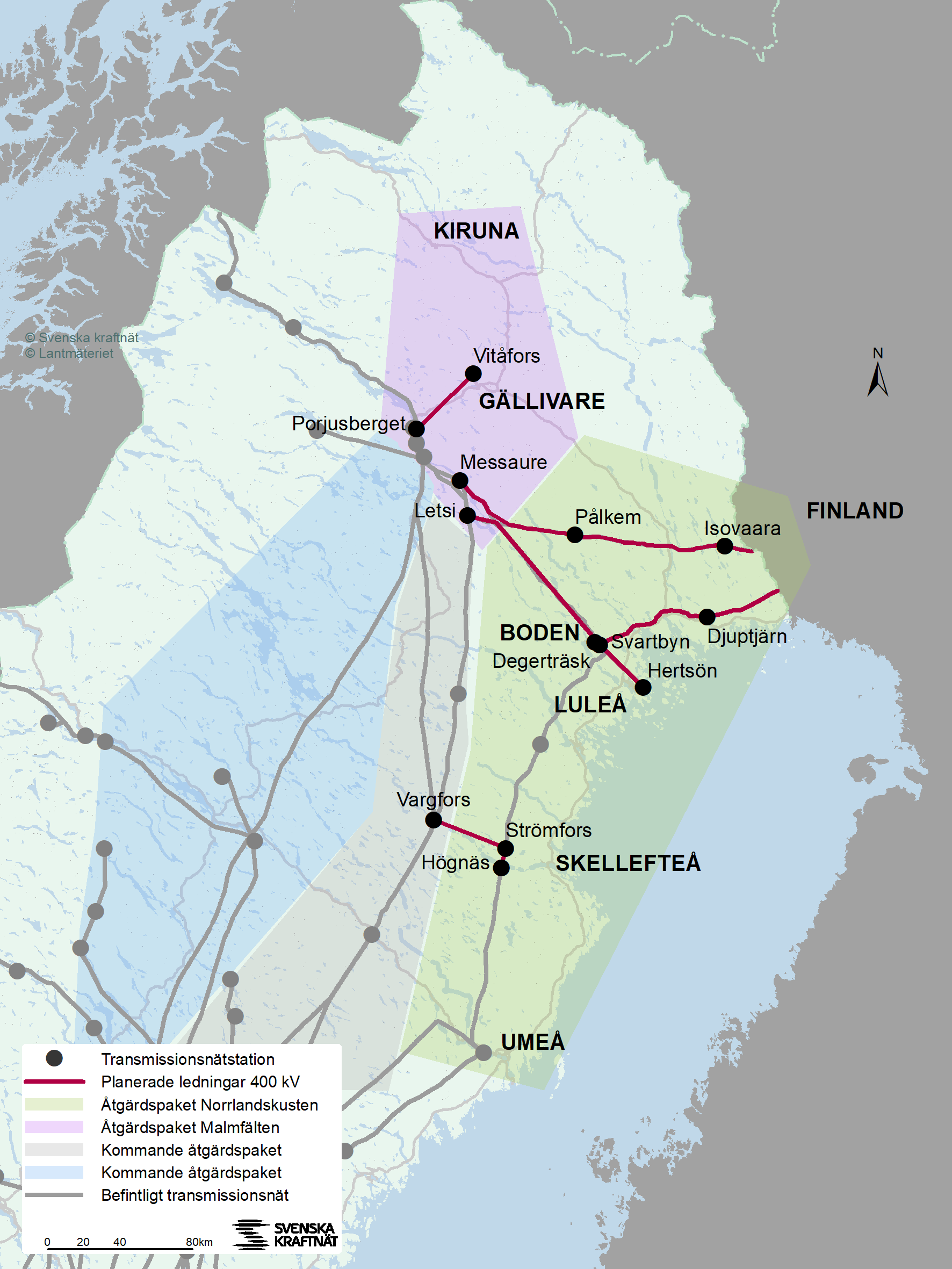 Kartbild över Svenska kraftnäts planerade kraftledningsprojekt i norra Sverige. 