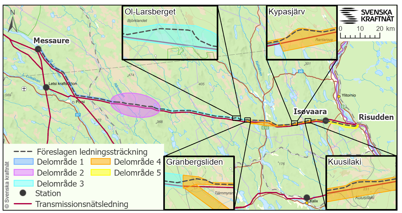 Bild: Sträckning för planerad kraftledning, i huvudsak parallell med befintliga transmissionsnätsledningar från station Messuare i Jokkmokks kommun till finska gränsen i Torne älv i höjd med Risudden, Övertorneå kommun. 