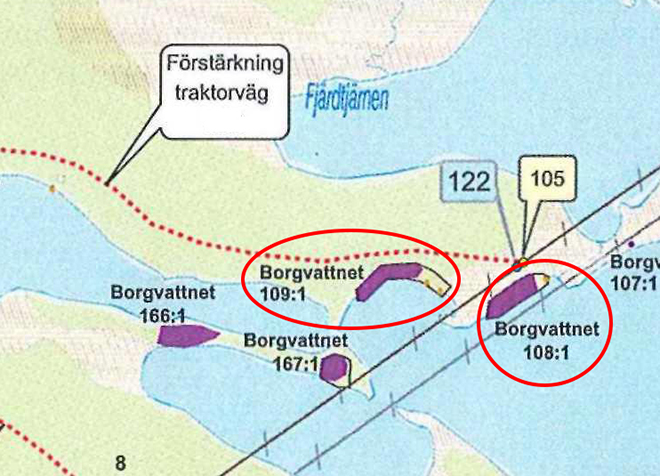 Karta som visar var de arkeologiska fyndplatserna 108:1 och 109:1 är belägna