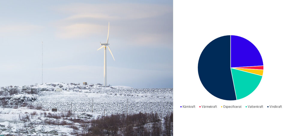 Vindkraftverk i snöigt landskap. Diagram som visar att mer än hälften av energiproduktion bestod av vindkraft.