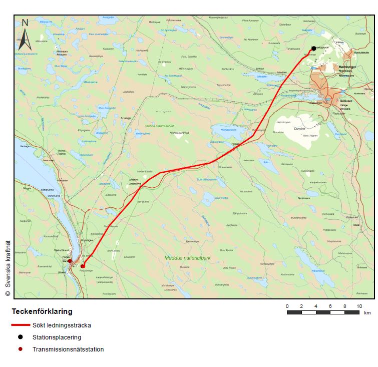 Karta som visar vald sträckning i projekt Porjusberget--Naalojärvi i ansökan om koncession.