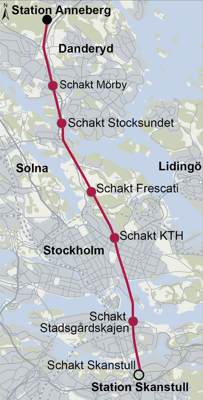 Karta som visars sträckningen: station Anneberg - Schakt Mörby - Schakt Stocksundet - Schakt Frescati -  Schakt KTH - Schakt Stadsgårdskajen - Schakt Skanstull - station Skanstull.