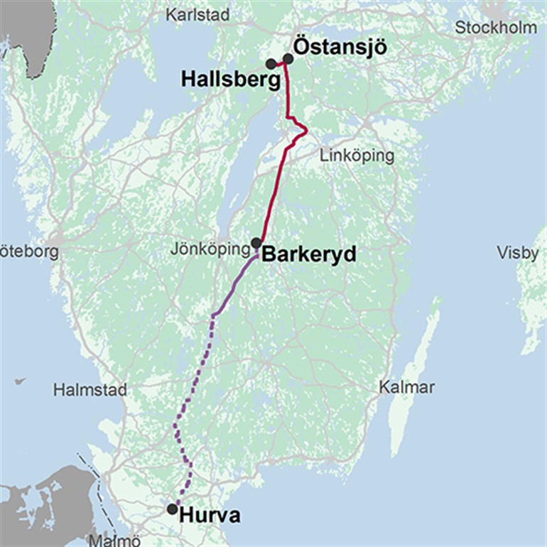 Karta som visar sträckningen mellan Hallsberg i Närke till Hörby i Skåne.