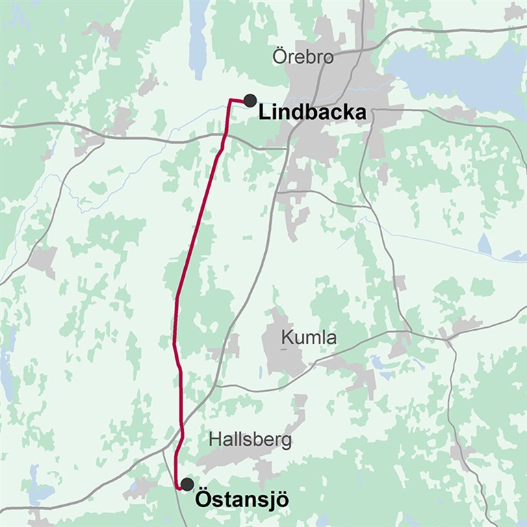 Karta över ny 400 kV-ledning mellan Lindbacka i Örebro kommun och Östansjö i Hallsbergs kommun