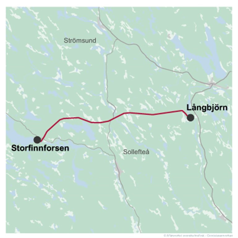 Karta över ledningssträckan mellan Långbjörn och Storfinnforsen. 