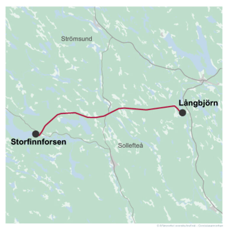 Karta över ledningssträckan mellan Långbjörn och Storfinnforsen. 