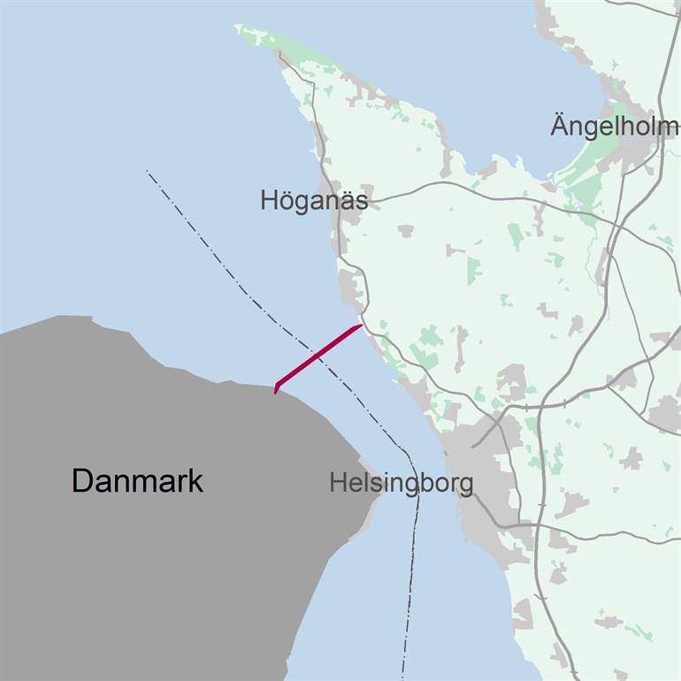 Karta som visar sjökabelförbindelsen mellan Sverige och Danmark
