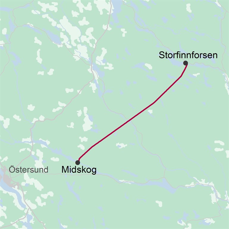 Map over the power line line between Storfinnforsen and Midskog