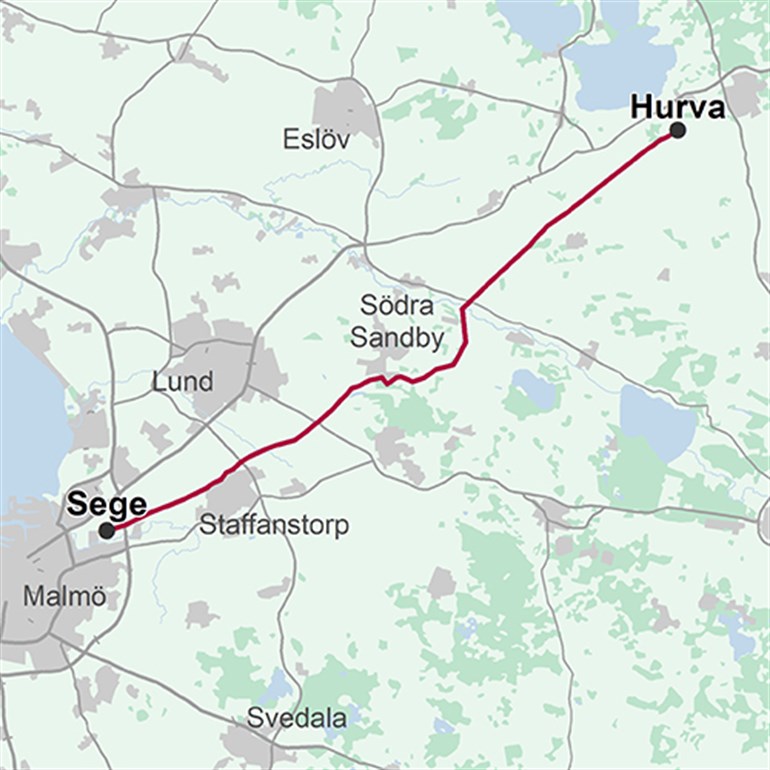 Karta över stäckan för 400 kV-ledning mellan Hurva och Sege