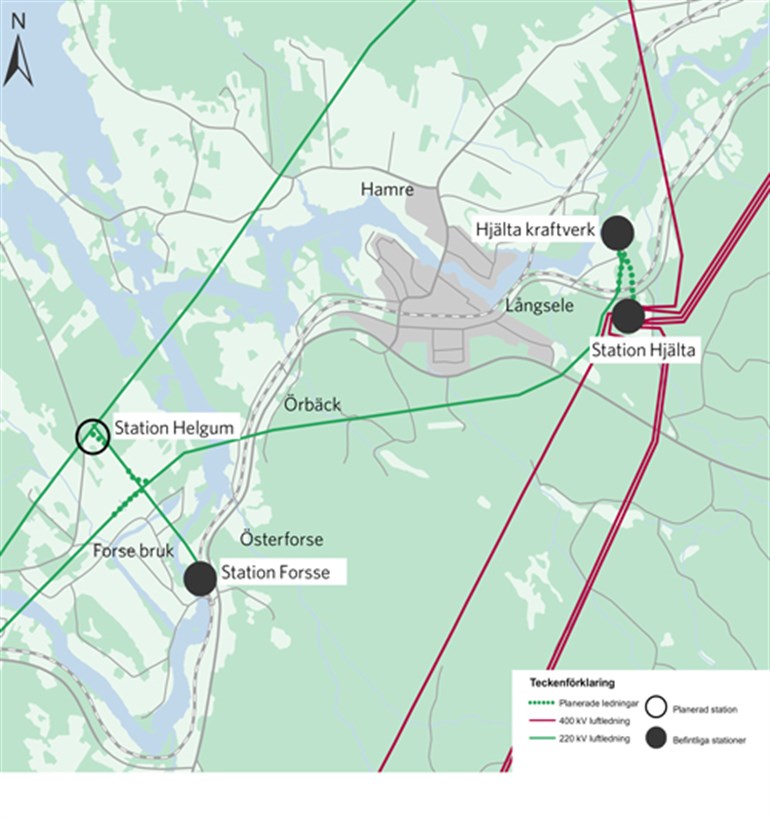 Kartan som visar stamnätsstation, Helgum station och sträckningen för den nya 220 kV-ledningen mellan Hjälta kraftverk och Hjälta station.